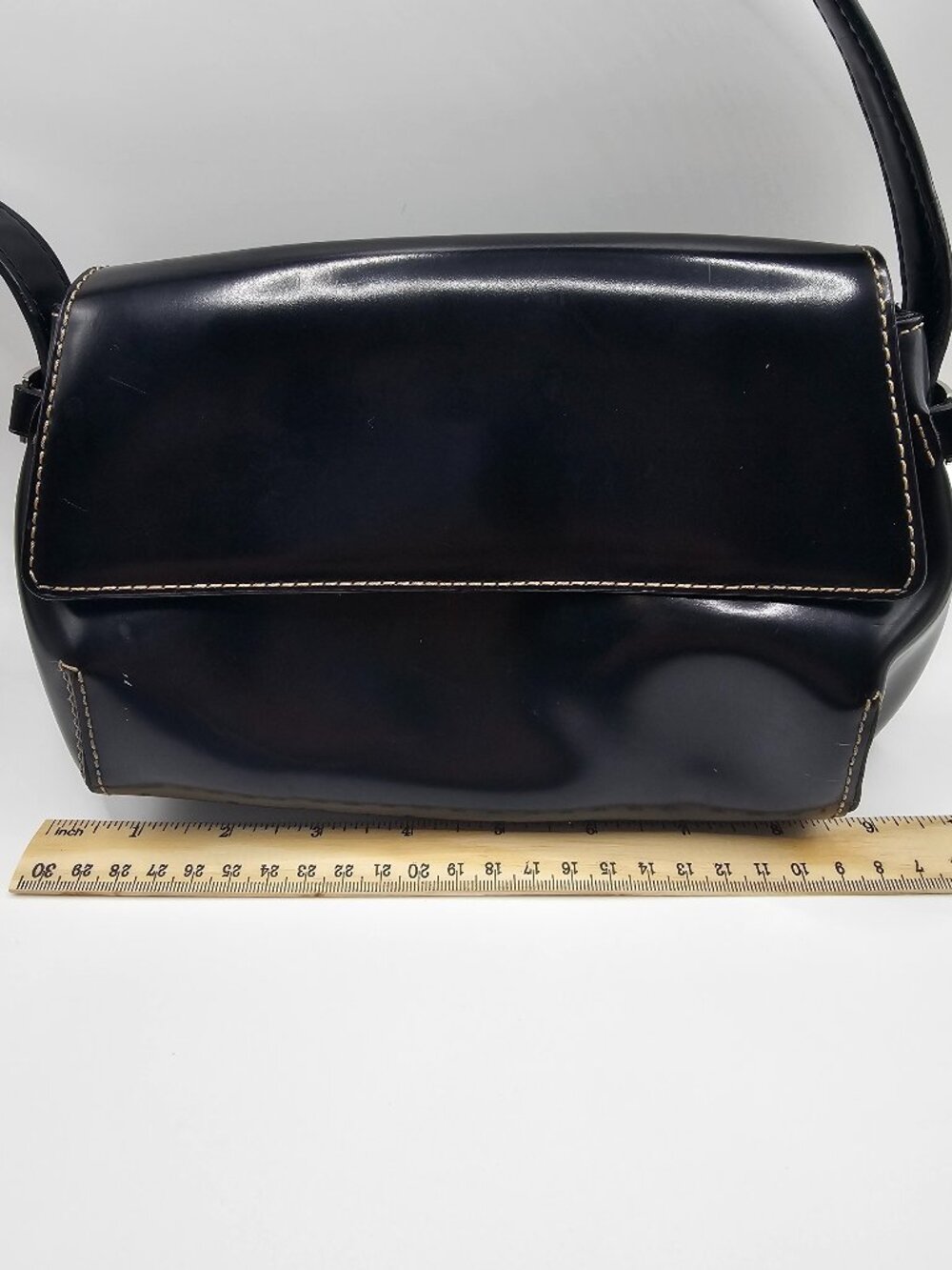 Vintage DKNY Black Patent Leather Small Shoulder Purse with Snap Button Closure